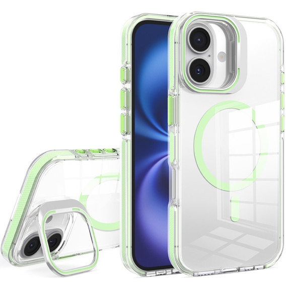 Etui do iPhone 17, do MagSafe, z podstawką, przezroczyste z zielonymi akcentami