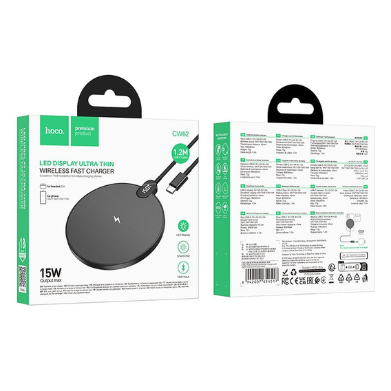 Ładowarka indukcyjna Hoco CW62 15W z kablem USB-C i wyświetlaczem - czarna