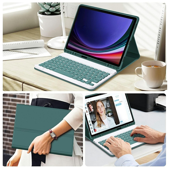Etui z klawiaturą do Samsung Galaxy Tab S10 FE / S9 FE, Leather Pen Slot, ciemnozielone