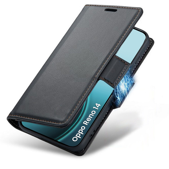 Etui do Oppo Reno 14, ERBORD Glossy Litchi, portfel z klapką, czarne