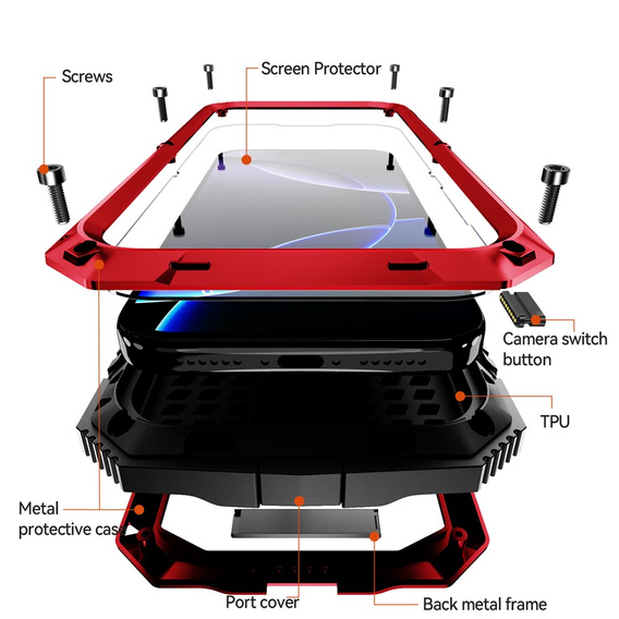 Etui R-JUST do iPhone 17 Pro Max z wbudowaną ochroną ekranu - czerwone