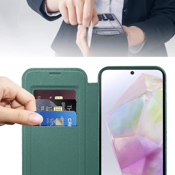 Etui z klapką do Samsung Galaxy A56 5G, RFID Wallet MagSafe z ochroną aparatu, zielone