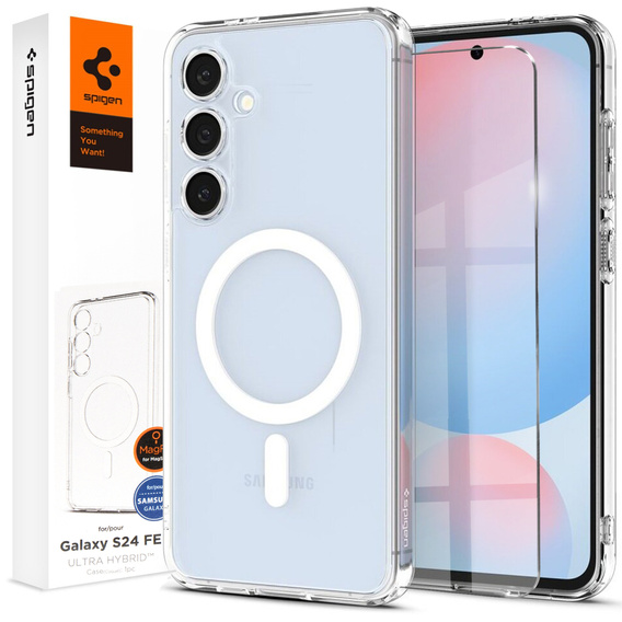 Etui z MagSafe Spigen do Samsung Galaxy S24 FE, Ultra Hybrid, przezroczyste / białe + Szkło Hartowane 9H