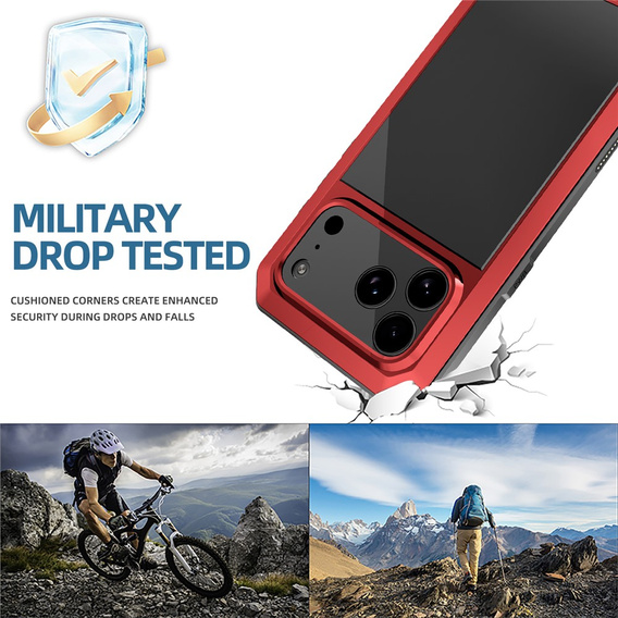Etui do iPhone 17 Pro Max, pancerne, z wbudowanym szkłem, czerwone