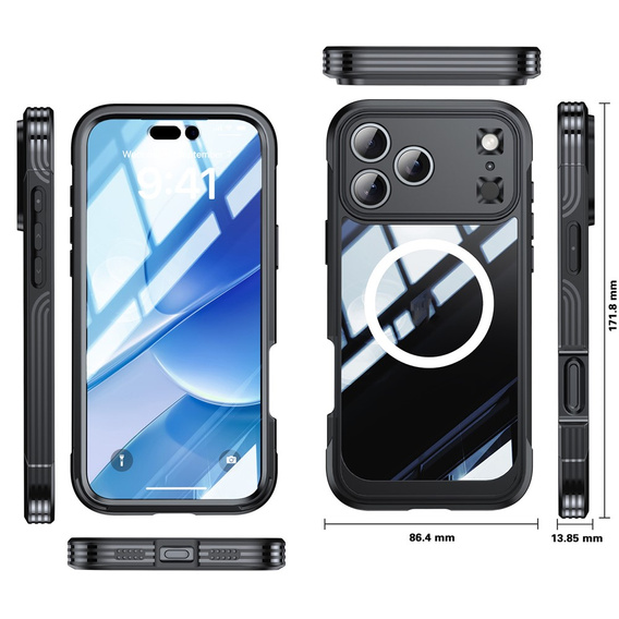 Etui do iPhone 17 Pro Max, Shockproof, ze szkłem, do MagSafe, czarne