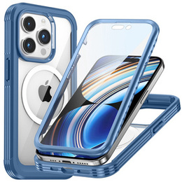Etui do iPhone 15 Pro, Pancerne Full Protect 360° do MagSafe, szkło na ekran, niebieskie