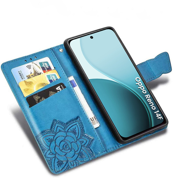 Etui z klapką do Oppo Reno 14 F / 14 FS, z wytłoczonym wzorem motyla, niebieskie