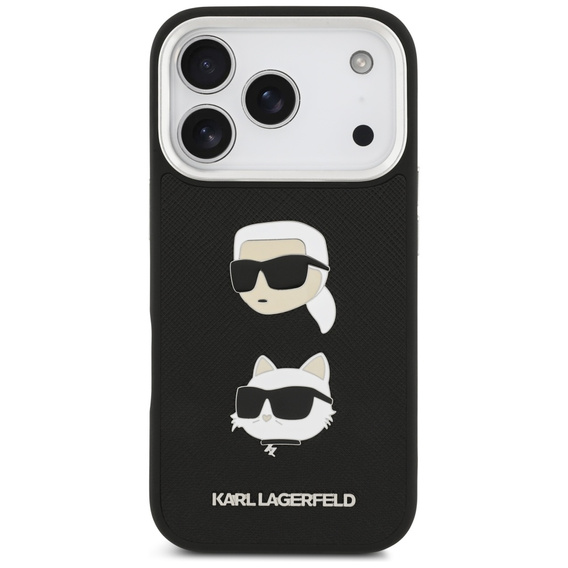 Etui Karl Lagerfeld do iPhone 17 Pro, Grained Karl & Choupette Heads Pins & Logo, czarne