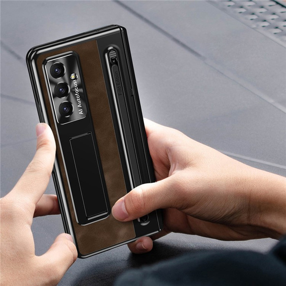 Etui skórzane do Samsung Galaxy Z Fold7 5G, z podstawką, szkłem i rysikiem, brązowe