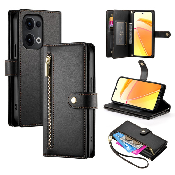 Etui z klapką do Oppo Reno 13 5G, Wallet Zipper Pocket, czarne