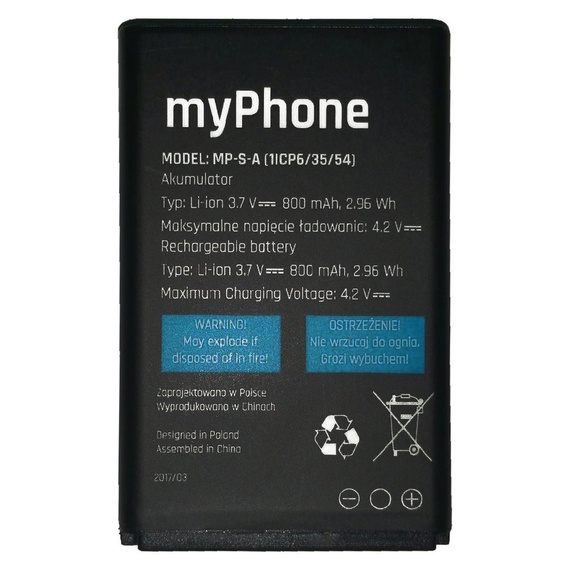 MyPhone Oryginalna Bateria SIMPLY 2 / 1045 / 1082 / 1083 / ONE / Metro, MP-S-A, 800mAh