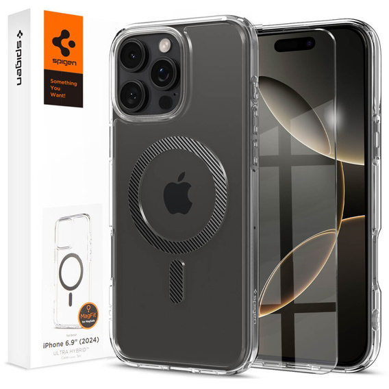 Etui z MagSafe Spigen do iPhone 16 Pro Max, Ultra Hybrid, przezroczyste + Szkło Hartowane 9H