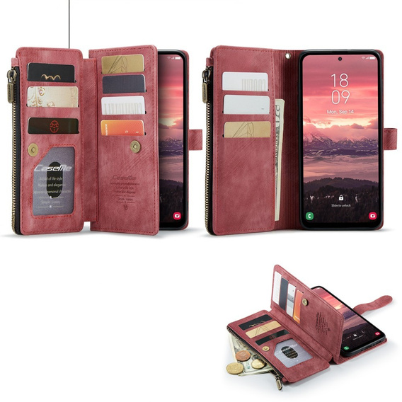 Etui CASEME do Samsung Galaxy A56 5G, Leather Wallet Cash and Card Slots, z paskiem, czerwone