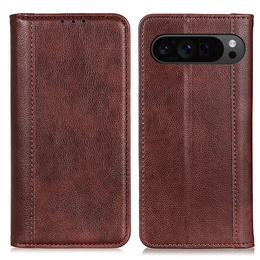 Etui z klapką do Google Pixel 10 Pro XL / 9 Pro XL, skórzane z kieszonką, brązowe
