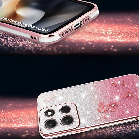 Etui do Motorola Moto G56 5G, Glitter Flower, różowe rose gold