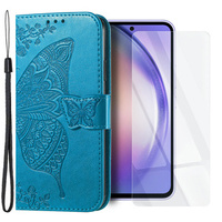 Zestaw Etui do Samsung Galaxy A54 5G, z klapką portfel, Motyl, Niebieskie + szkło