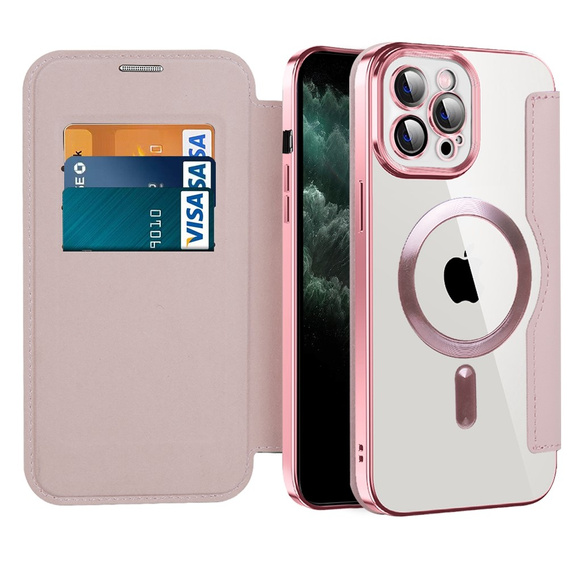 Etui z klapką do iPhone 11 Pro Max, RFID Wallet MagSafe z ochroną aparatu, różowe
