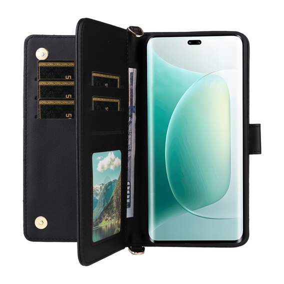 Etui z klapką do Honor 400 5G, Crossbody Leather Wallet, czarne