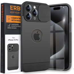 Etui do iPhone 15 Pro Max, ERBORD MagProtect Cam Slider do MagSafe, czarne + Szkło hartowane