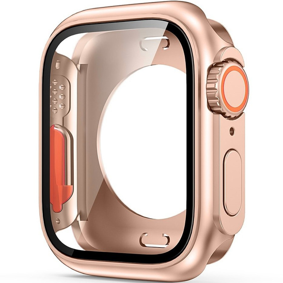 2w1 Pełne Etui + Szkło Hartowane do Apple Watch 7/8 41MM, Rożowe rose gold/Pomarańczowe