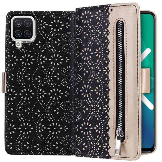 Etui z klapką do Samsung Galaxy A12 / M12 / A12 2021/M12, Wallet Pocket Zipper Lace, czarne