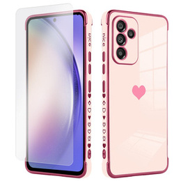 Zestaw Etui do Samsung Galaxy A54 5G, Electro heart, Różowe rose gold + szkło