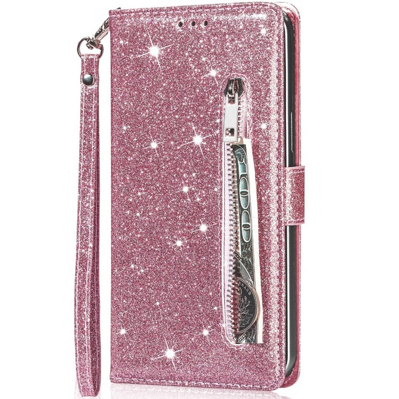 Etui z klapką do Samsung Galaxy A55, Wallet Zipper Pocket Glittery, różowe rose gold