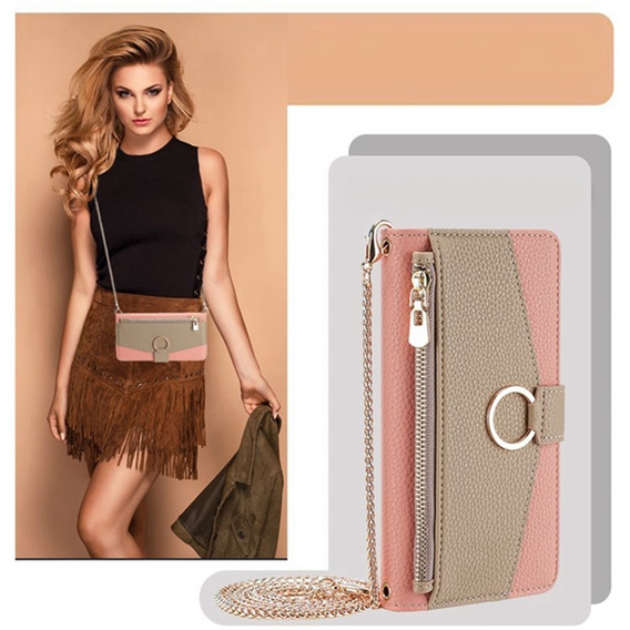 Etui z klapką do Samsung Galaxy A56 5G, Wallet Zipper Pocket, z lusterkiem, różowe