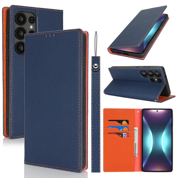 Etui z klapką do Samsung Galaxy S25 Ultra, Litchi Skin Grain, granatowe