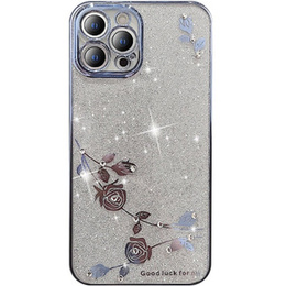 Etui do iPhone 13 Pro Max, Glitter Flower, niebieskie