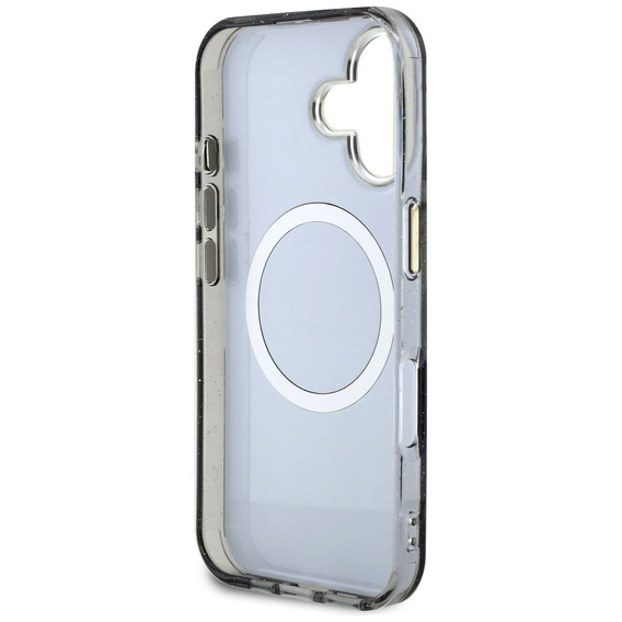 Etui GUESS do iPhone 16, IML Metal Glitter Flowers Triangle, do MagSafe, czarne