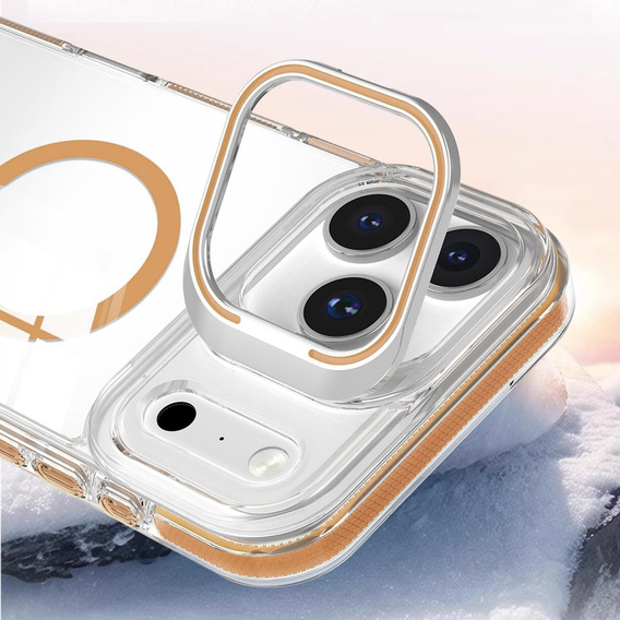 Etui do iPhone 17 Pro, do MagSafe, z podstawką, przezroczyste ze złotymi akcentami