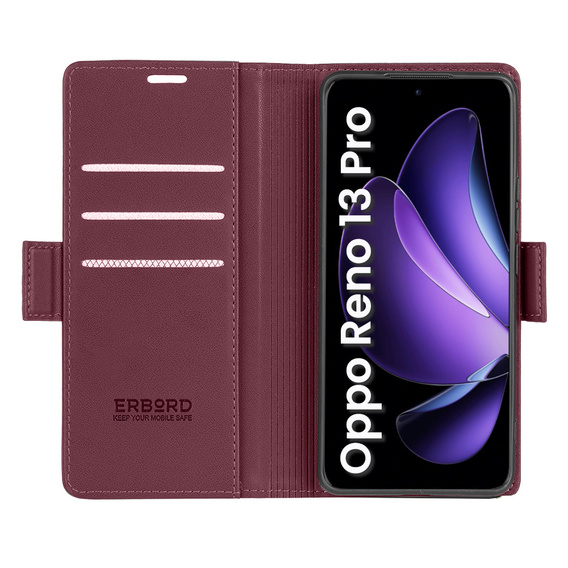 Etui do Oppo Reno 13 Pro, ERBORD Glossy Litchi, portfel z klapką, czerwone