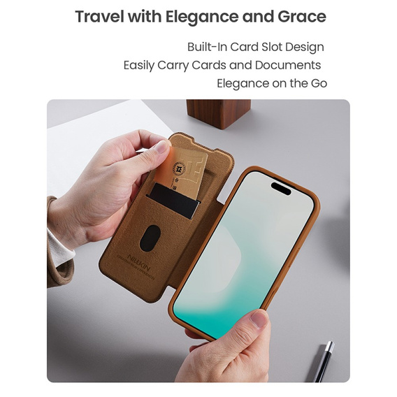 Etui z klapką NILLKIN do iPhone 17 Pro Max, CamShield Qin Pro, skórzane, brązowe