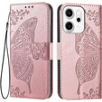 Etui z klapką do Oppo Reno 14, z wytłoczonym wzorem motyla, różowe rose gold