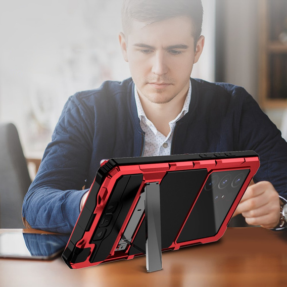 Etui pancerne do Samsung Galaxy S25 Ultra, R-JUST, ze szklaną ochroną kamery, czerwone