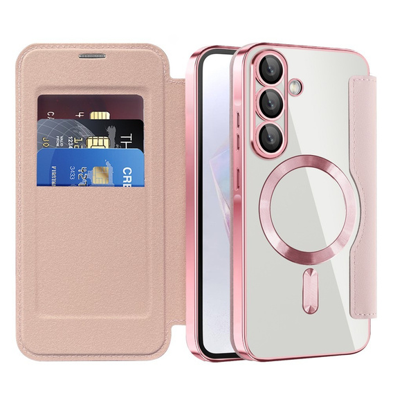 Etui z klapką do Samsung Galaxy A26 5G, RFID Wallet MagSafe z ochroną aparatu, różowe