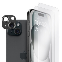 2x Szkło + szybka na aparat czarna do iPhone 15 Plus, ERBORD Hartowane 9H