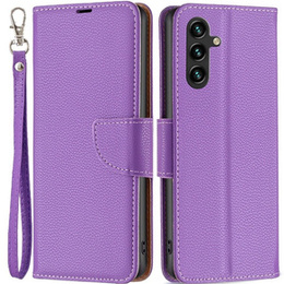 Etui z klapką do Samsung Galaxy A15, Wallet Litchi Leather, fioletowe + szkło 9H