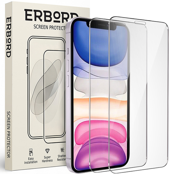 2x Szkło Hartowane do iPhone 11/XR, ERBORD 9H Hard Glass, szybka