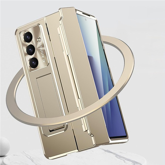 Etui z podstawką do Samsung Galaxy Z Fold7 5G, z ochroną zawiasu, szkłem i rysikiem - złote
