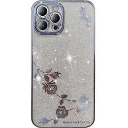 Etui do iPhone 14 Pro, Glitter Flower, niebieskie