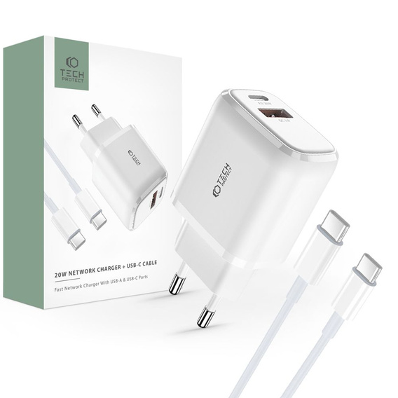 Tech-Protect Uniwersalna Ładowarka Sieciowa 1x USB 1x USB Type-C 20W QC 3.0 + Kabel Type-C, Biała