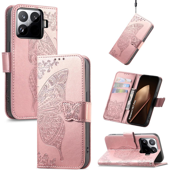 Etui z klapką do Xiaomi 15T Pro, Butterfly, różowe rose gold