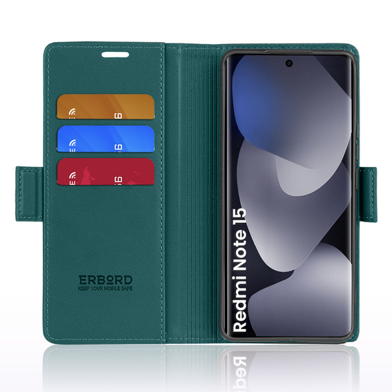 Etui do Xiaomi Redmi Note 15 5G / Poco M8 5G, ERBORD Glossy Litchi, portfel z klapką, zielone