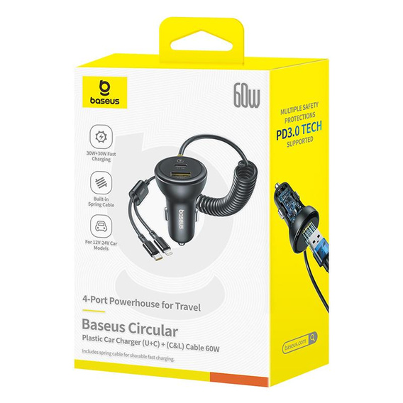 Baseus – Okrągła ładowarka samochodowa 60 W USB-A + USB-C + Lightning - czarna