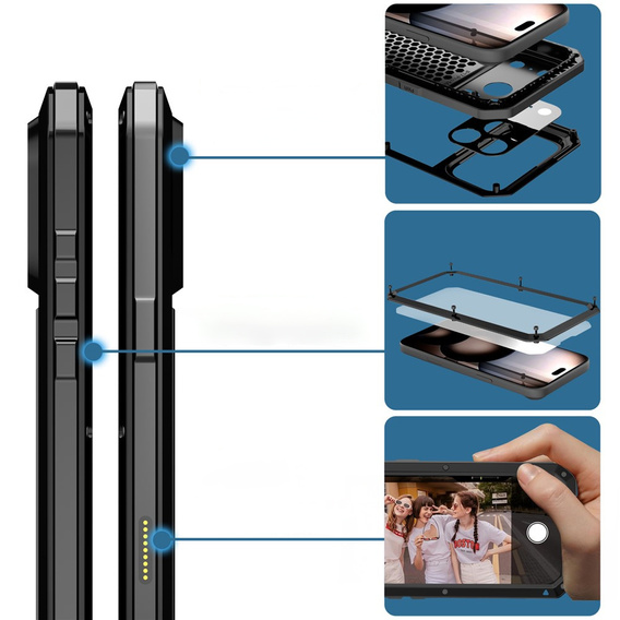 Etui do iPhone 17 Pro, pancerne, z wbudowanym szkłem, czarne