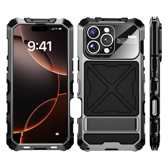 Etui R-Just RJ09-1 do iPhone 16 Pro – czarne, aluminiowe, z silikonową ramką i szkłem hartowanym
