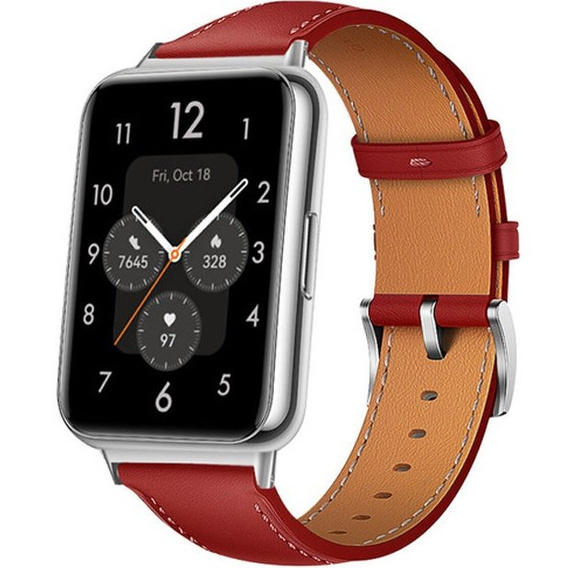 Pasek Skórzany do Huawei Watch Fit 2, z przeszyciami, Czerwony