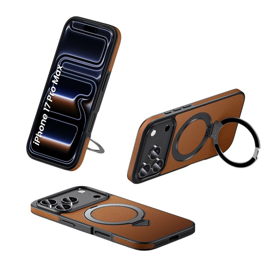 Etui Skórzane do iPhone 17 Pro Max, MagSafe, z podstawką - brązowe